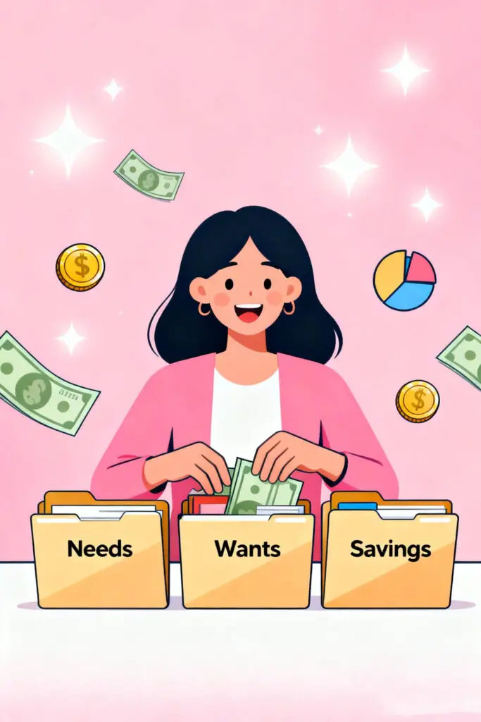 Budgeting Made Simple: The Only 3 Categories That Matter 2 Illustration of a woman organizing three folders labeled “Needs,” “Wants,” and “Savings” on a pastel pink background, representing the simplicity and clarity of budgeting with only three categories.