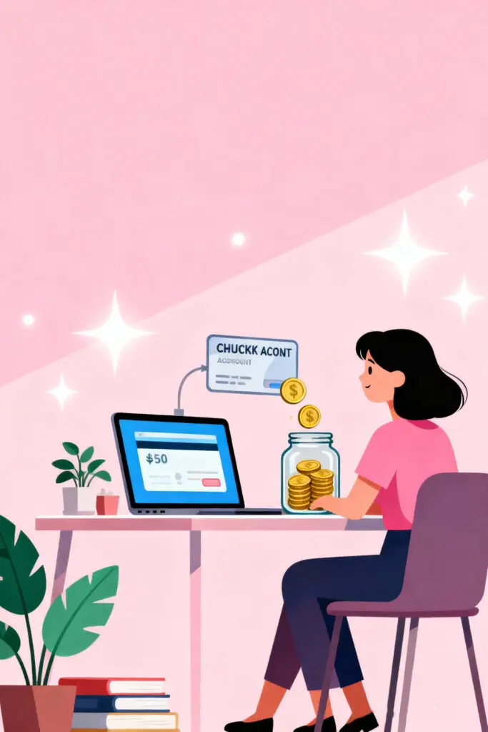 37 Simple Hacks to Save Half Your Income — No One Talks About This! 2 Illustration of a woman happily automating her savings as coins flow from her checking to savings account on her laptop, with a pastel pink background symbolizing easy and consistent money management.