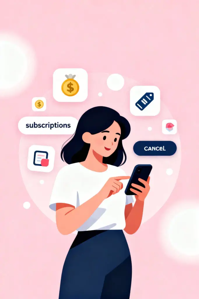 37 Simple Hacks to Save Half Your Income — No One Talks About This! 3 Illustration of a woman cancelling unused digital subscriptions on her phone surrounded by floating app icons, on a pastel pink background representing mindful budgeting and expense control.