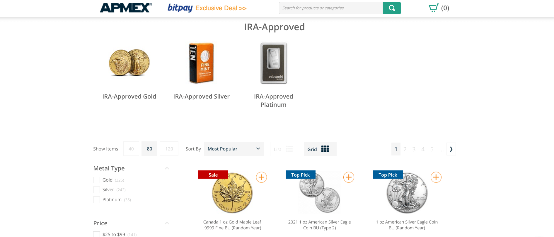 Screenshot of APMEX's IRA-eligible products | Source: The College Investor