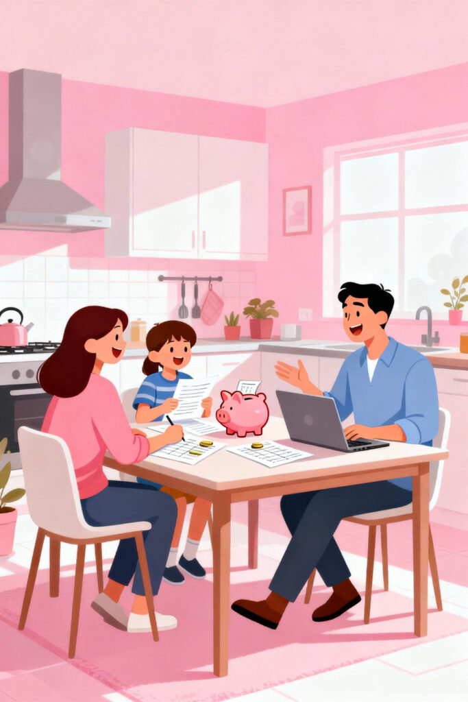 Illustration of a cheerful family gathered around a table making a monthly budget together, surrounded by papers, a laptop, and a piggy bank on a pastel pink background representing teamwork and financial planning.