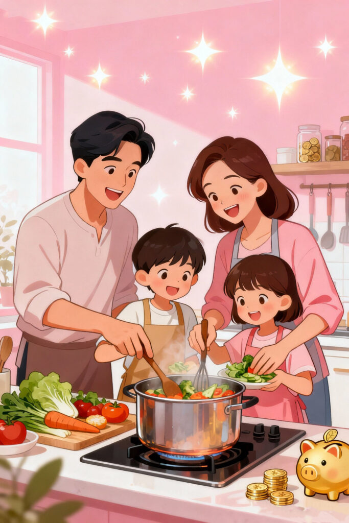 Illustration of a joyful family cooking a meal together in their kitchen, with kids helping and parents smiling, on a pastel pink background representing saving money, health, and togetherness.