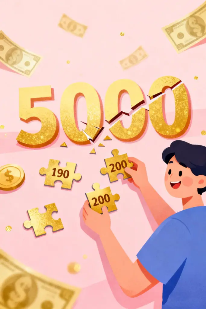 Save $5,000 in Just 26 Weeks! (Bi-Weekly Savings Challenge) 3 Illustration showing the $5,000 savings goal broken into smaller bi-weekly amounts, represented as puzzle pieces being assembled on a pastel pink background.