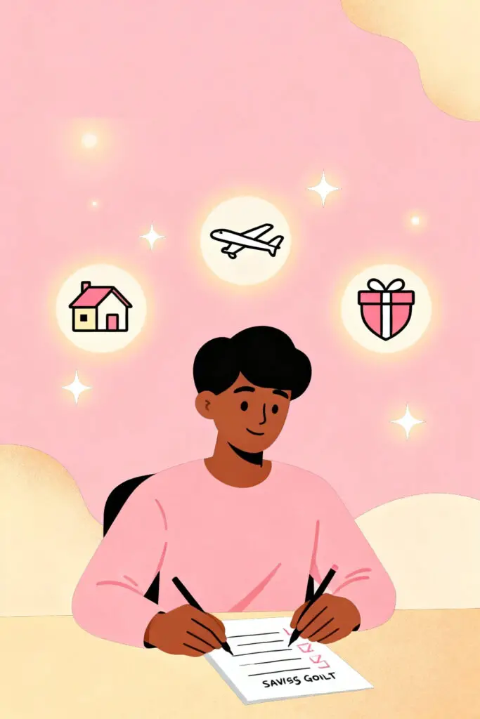 Save $10,000 in 12 Months with This Bi-Weekly Challenge! 3 Illustration of a person writing down their savings purpose with icons representing goals like travel, home, and emergency fund on a pastel pink background.