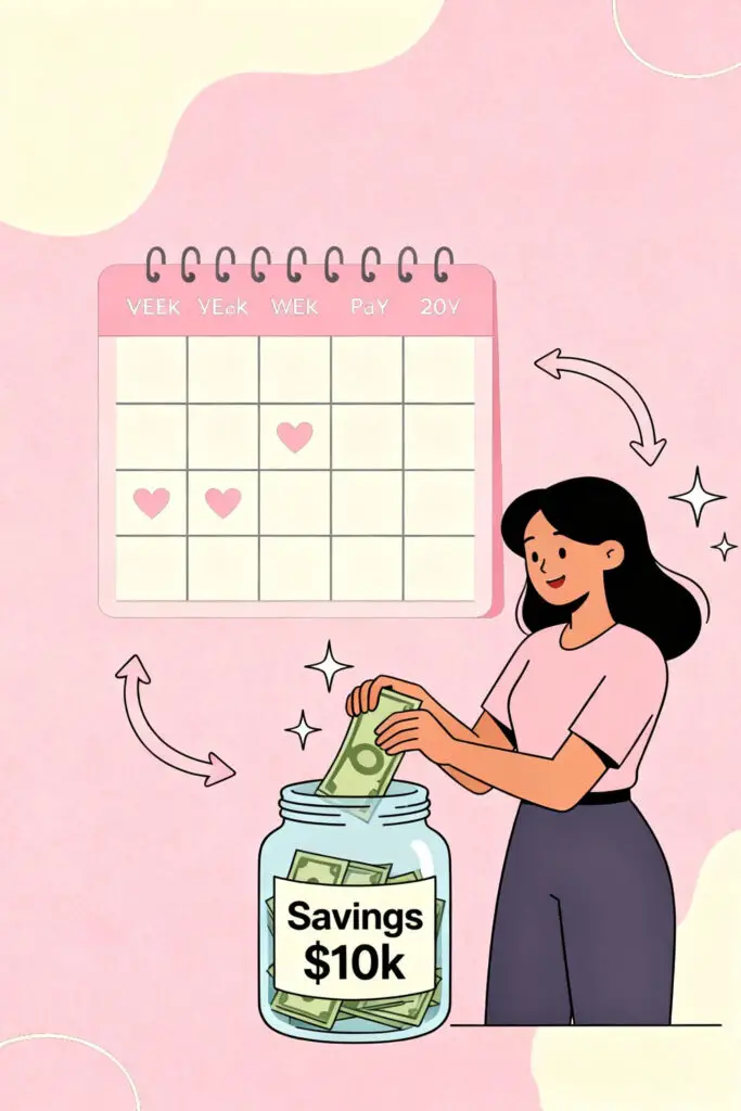 Save $10,000 in 12 Months with This Bi-Weekly Challenge! 2 Illustration of a woman depositing money into a savings jar while referring to a bi-weekly calendar on a pastel pink background.