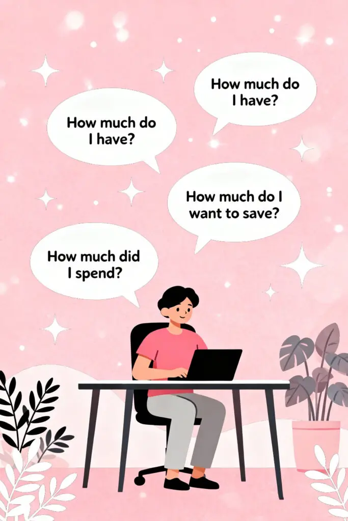 The Japanese Kakeibo Savings Method That Changed My Finances 3 Illustration of a person reflecting at a desk with four financial question bubbles floating around them on a pastel pink background.