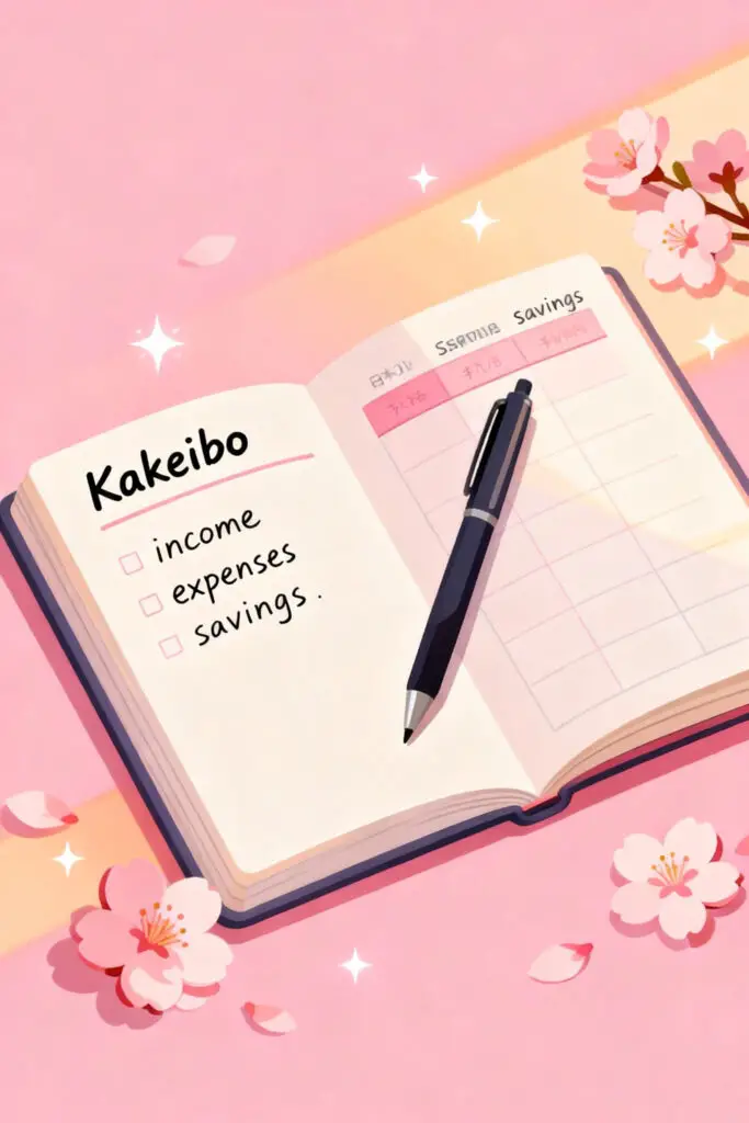 The Japanese Kakeibo Savings Method That Changed My Finances 2 Illustration of an open Kakeibo notebook with income, expenses, and savings sections on a pastel pink background.