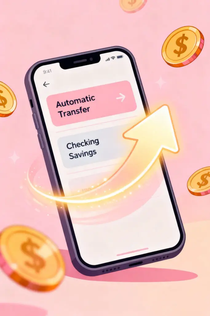 Illustration of a phone showing an automatic transfer to savings with floating money icons on a pastel pink background.