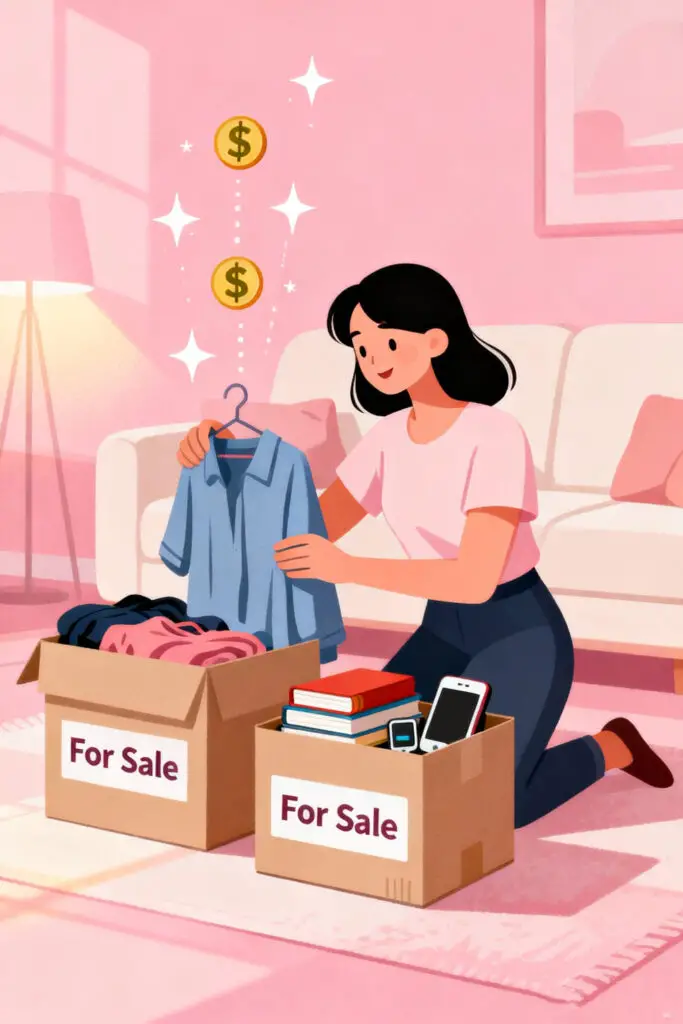 Illustration of a woman sorting unused items into “For Sale” boxes with money icons floating above on a pastel pink background.