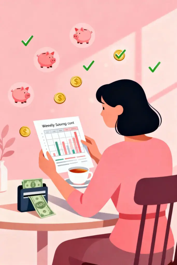Illustration of a woman doing her weekly savings check-in with a tracker and piggy bank icons on a pastel pink background.