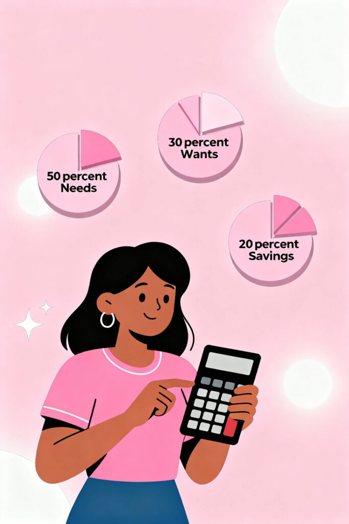 Illustration of a woman calculating her 50/30/20 budget using a pie-chart style breakdown on a pastel pink background