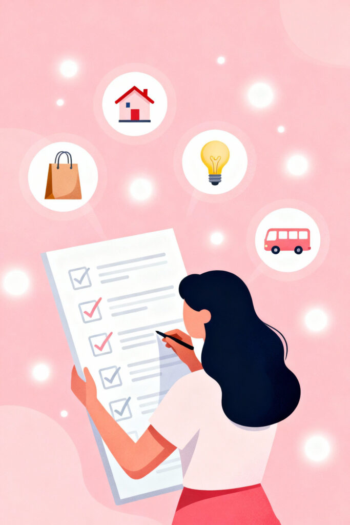 Illustration of a woman checking off essential expenses such as rent, groceries, and utilities on a pastel pink background.