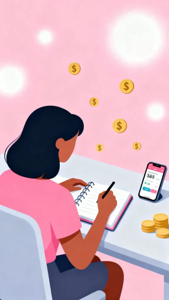 Illustration of a woman tracking expenses in a notebook and phone app with dollar icons floating around her on a pastel pink background.