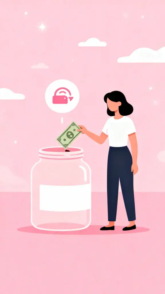 Illustration of a woman transferring part of her paycheck into a savings jar with an automatic transfer symbol on a pastel pink background.