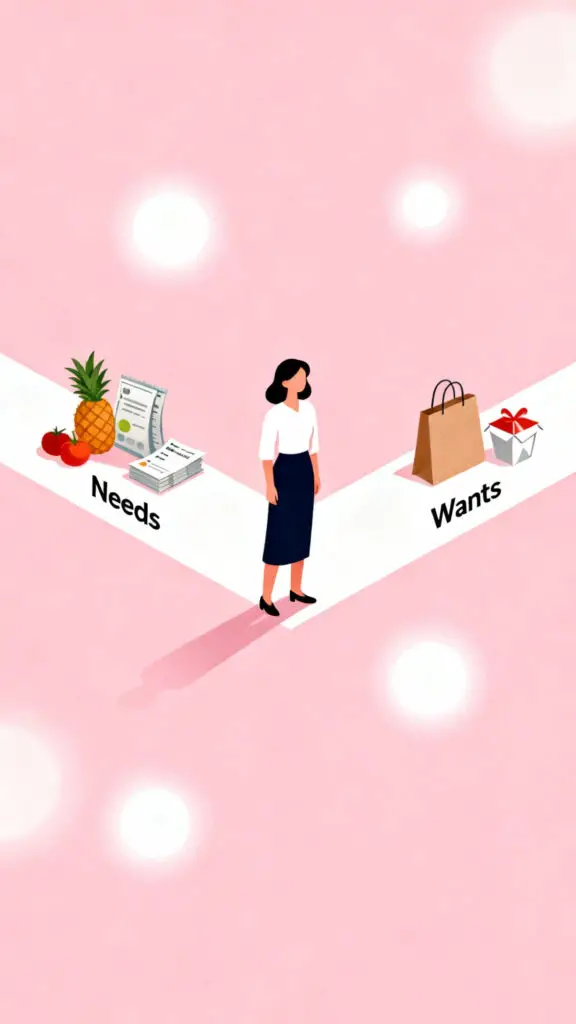 Illustration of a woman choosing between “needs” and “wants” on a pastel pink background.