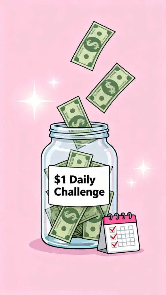 Illustration of a jar labeled $1 Daily Challenge filling with dollar bills on a pastel pink background.