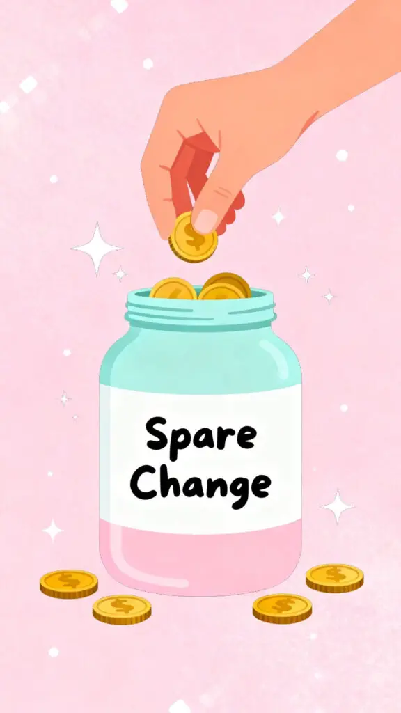 Illustration of a hand adding coins to a spare change jar on a pastel pink background.
