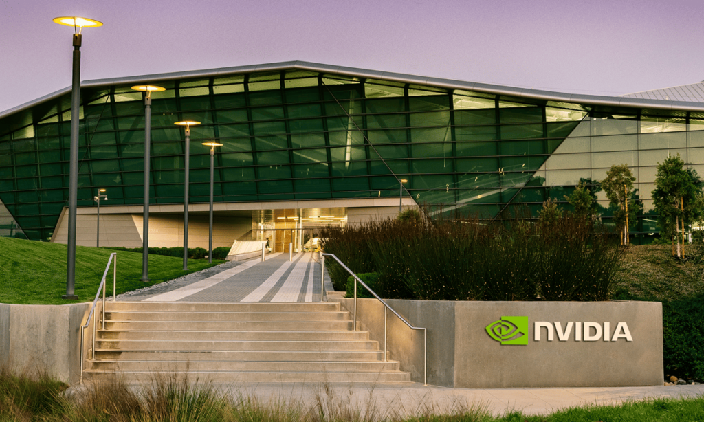 Nvidia headquarters with a gray sign with Nvidia's logo out front.