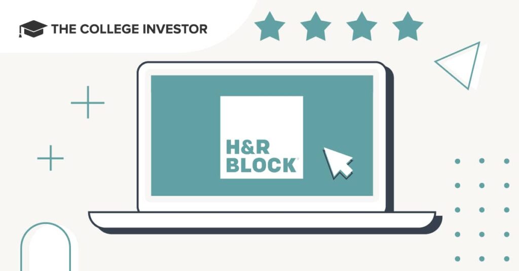 Digital illustration representing the H&R Block Online Tax Software Review 2026, featuring a laptop computer with the H&R Block logo centered on its teal screen. A mouse cursor points toward the logo, symbolizing the online user experience. Beneath the laptop, four teal stars indicate a solid review rating for the tax preparation service, set against a background of abstract geometric shapes. Source: The College Investor