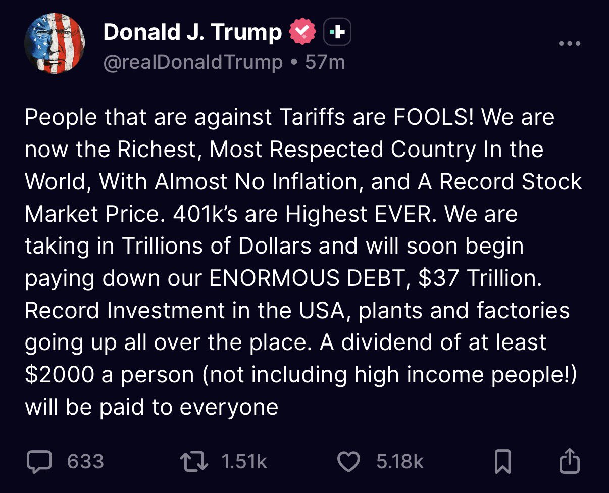 President Trump Truth Social Post on November 9, 2025