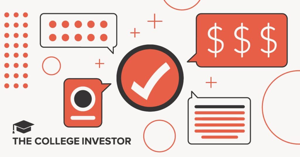 Abstract editorial illustration for The College Investor's "TurboTax Review 2026." The graphic features a central red circle with a white checkmark, symbolizing a verified or successful tax filing. Surrounding this are various icons in red and black, including a speech bubble containing three dollar signs ( $) representing pricing or tax refunds, a text bubble representing the user interface, and a mobile device icon. These elements visually convey the features, costs, and digital tools evaluated in the review of the leading tax preparation software. Source: The College Investor