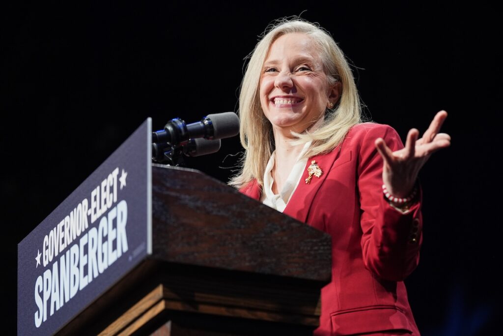 Democrat Abigail Spanberger speaks on stage after she was declared the winner of the Virginia governor's race during an election night watch party Tuesday, Nov. 4, 2025, in Richmond, Va. (AP Photo/Stephanie Scarbrough)