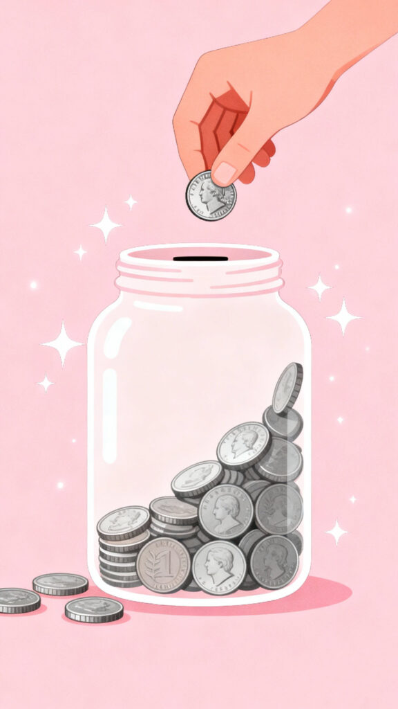 25 Cent Money Saving Challenge to Save 16K in Just 1 Year 2 Illustration of a hand dropping a quarter into a savings jar with coins gradually rising on a pastel pink highlighted background.