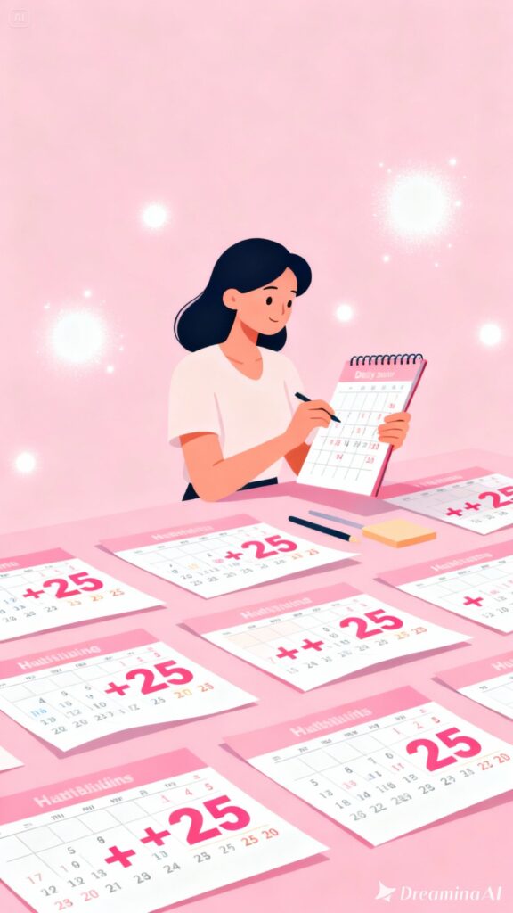 25 Cent Money Saving Challenge to Save 16K in Just 1 Year 3 Illustration of a woman planning daily 25 cent savings on a calendar, with a pastel pink background and glowing highlights.