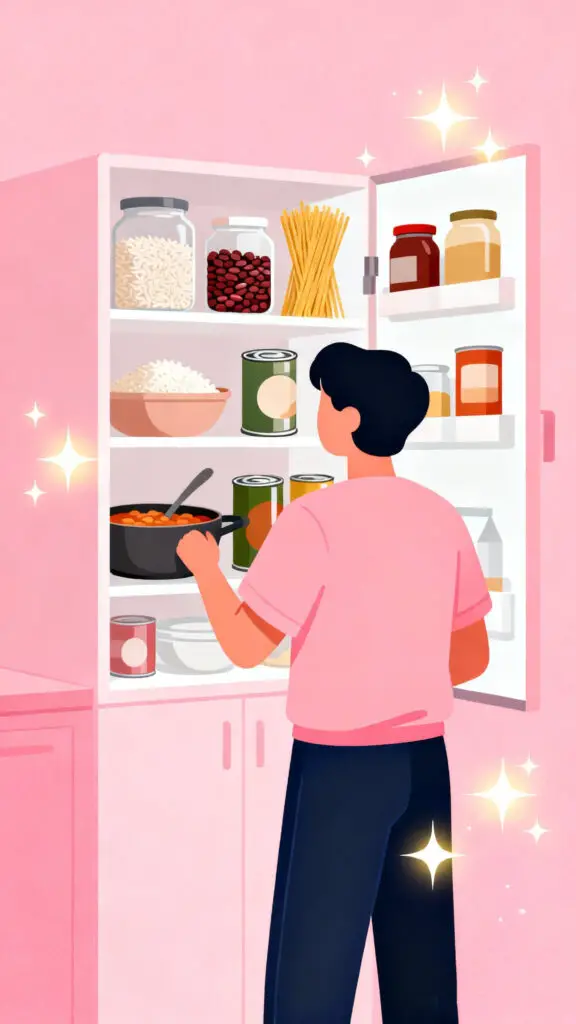 Effective Saving Challenges For Low Income 3 Illustration of a person choosing ingredients from a pantry to cook meals using only what they already have, with a pastel pink highlighted background.