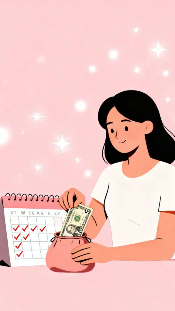 Effective Saving Challenges For Low Income 2 Illustration of a woman saving a five-dollar bill weekly into a pouch, with a calendar beside her, on a pastel pink highlighted background.