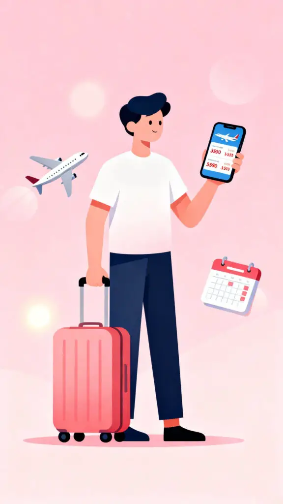 Illustration of a traveler booking discounted flights with a suitcase on a pastel pink background.