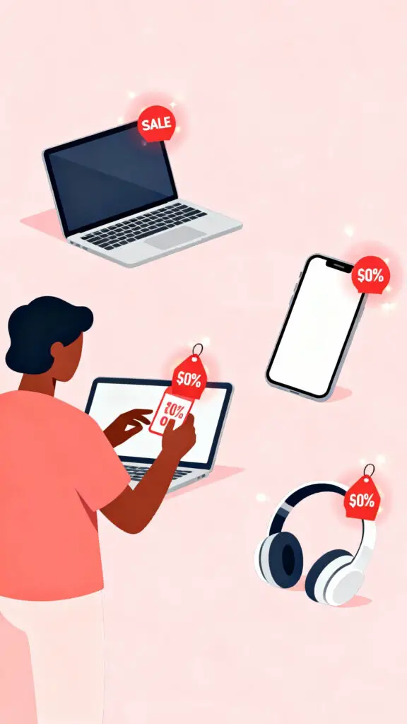 Illustration of electronics like a laptop and smartphone on sale against a pastel pink background.