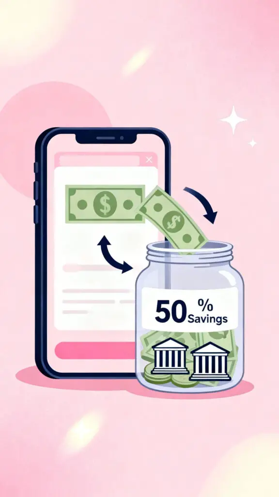 Illustration of automatic savings transfers shown on a smartphone with a savings jar on a pastel pink background.