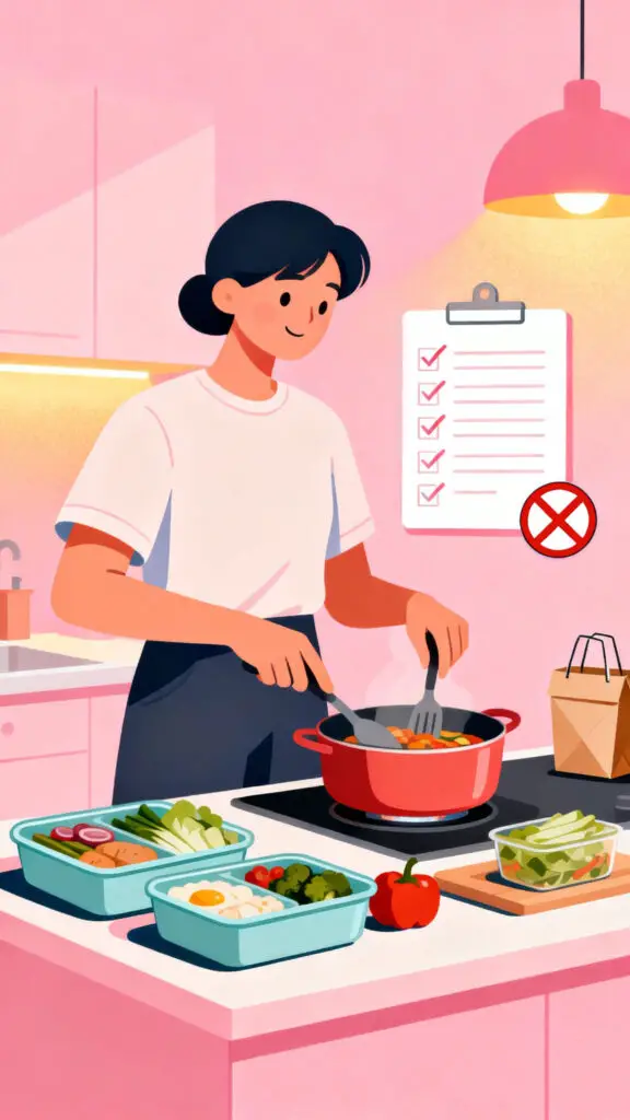 Illustration of home cooking and meal prep as a way to save money on a pastel pink background.
