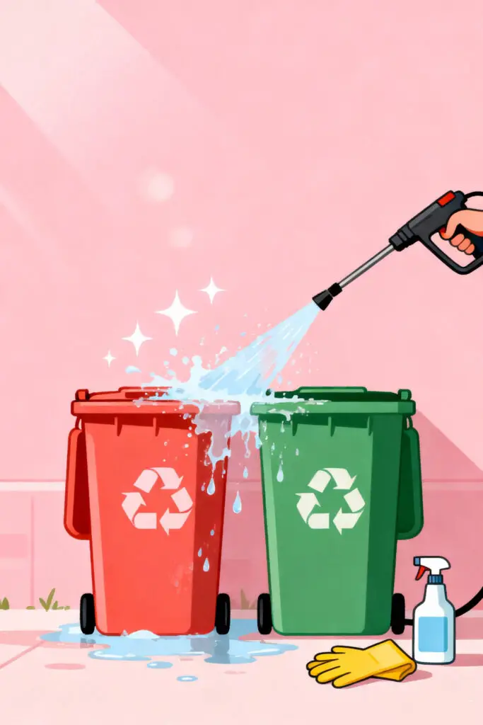 Illustration showing trash and recycling bin cleaning service with pressure washing on a pastel pink background.