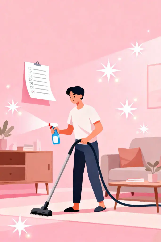 Illustration of a house cleaning service showing a person cleaning a living room on a pastel pink background.