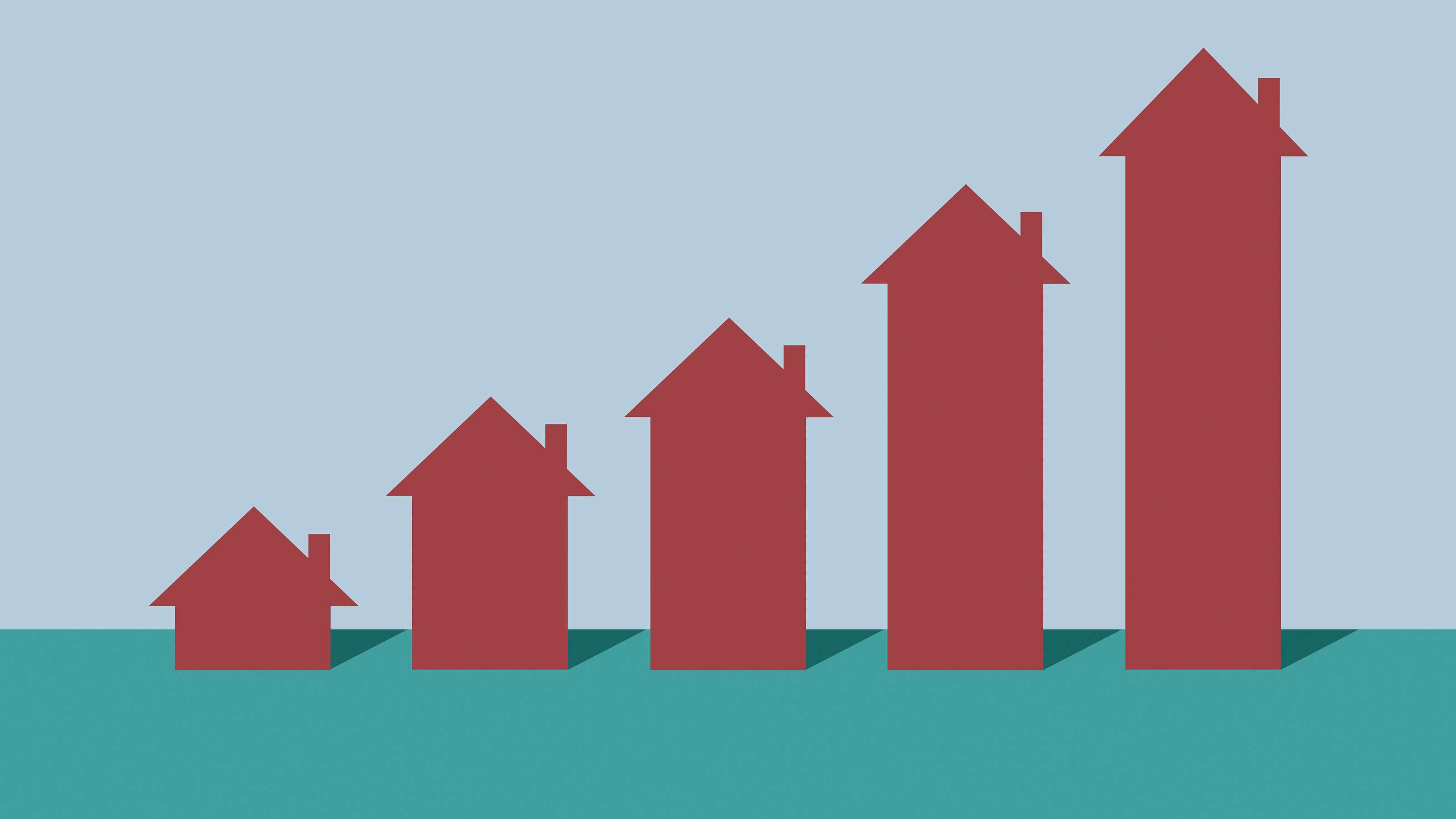 An illustration of houses getting subsequently taller in red, blue and teal.