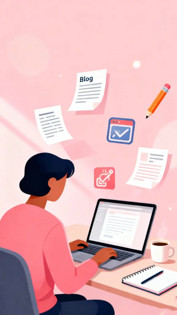 Illustration of a freelance writer working on a laptop to represent starting an online business under $200 on a pastel pink background.