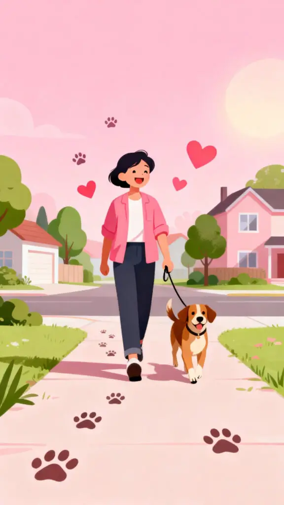Illustration showing pet sitting or dog walking as a low cost small business idea on a pastel pink background.