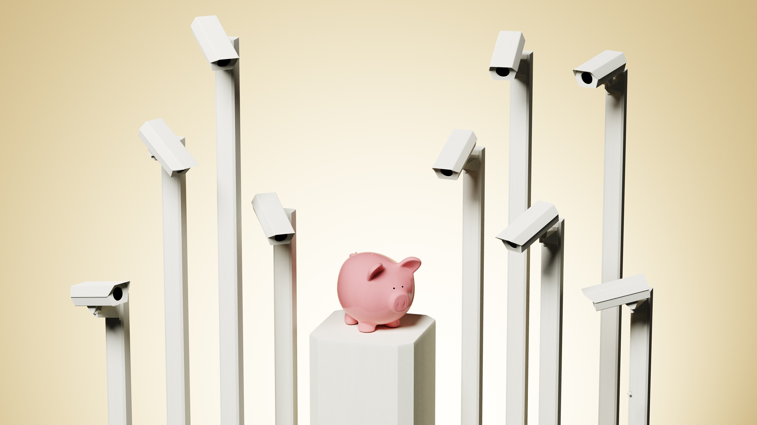 A piggy bank on a pedestal surrounded by surveillance cameras.