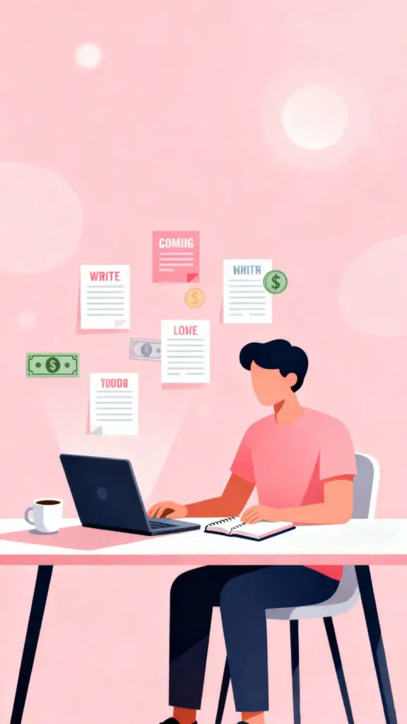 Illustration of a person writing content on a laptop as a money making hobby on a pastel pink background.