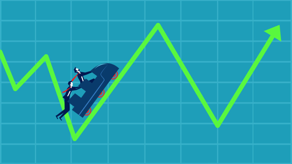 Two stylized people in a vehicle riding a steep up-and-down stock chart.
