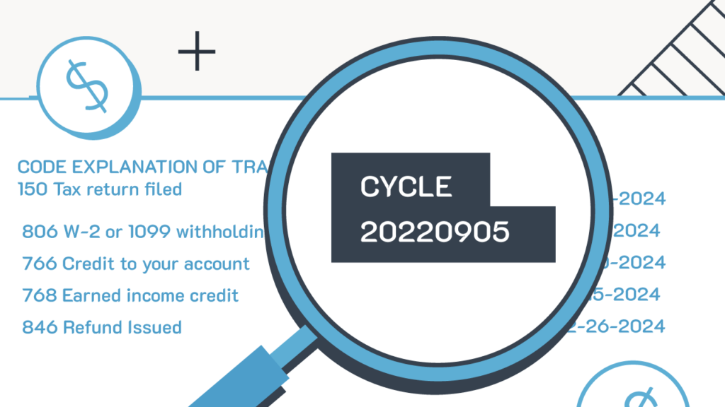 A close-up, digital graphic from The College Investor visually explains an IRS cycle code. A large, teal magnifying glass in the center highlights the word