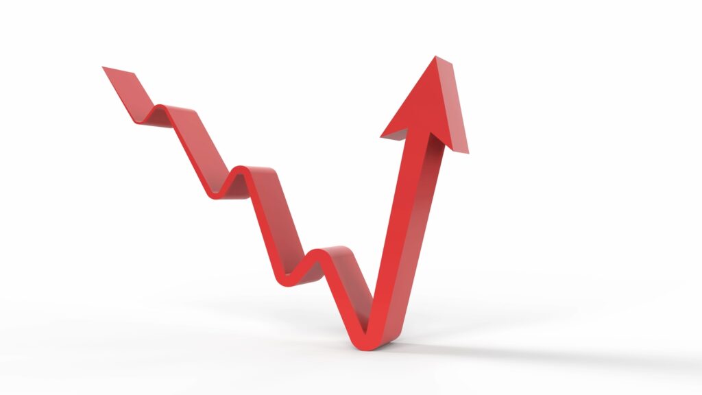 Front view of three dimensional rebounding upward up red arrow after downward trend over floor with creative modern 3D gray colour grayscale shadow against white background with copy space for market recovery rebound bounce after ups and downs