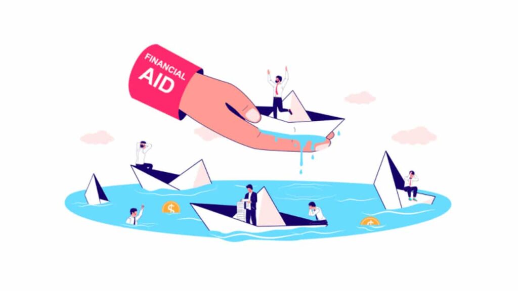 This illustrative image visually represents the challenges students face when trying to afford college and the role of financial aid. A large, stylized hand labeled "FINANCIAL AID" extends from above, holding a paper boat in which a small figure is cheering, symbolizing assistance being offered to students. Below, several other small figures are depicted in various states of distress, some in sinking paper boats, others struggling in the water, surrounded by euro coin symbols, suggesting the financial burden of tuition. The overall scene conveys the desperate need for support when facing the high costs of higher education. This image directly relates to the article's focus on options for paying for school when financial aid is insufficient, highlighting the sticky situations students can find themselves in without enough assistance.