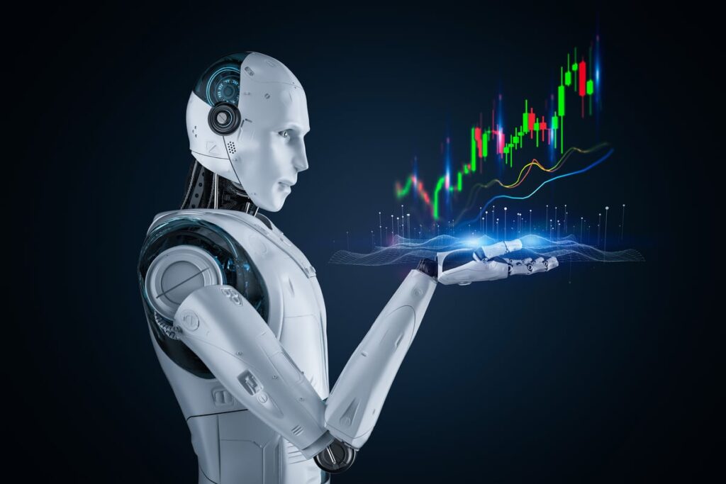 An AI robot watching a stock chart rise.