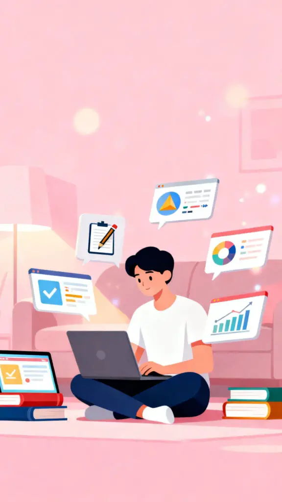Illustration of learning high-income skills online as an investment to grow money on a pastel pink background.