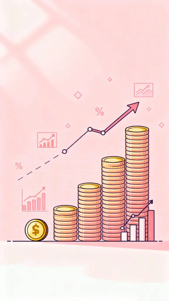 Illustration showing the power of compounding where small investments grow over time on a pastel pink background.