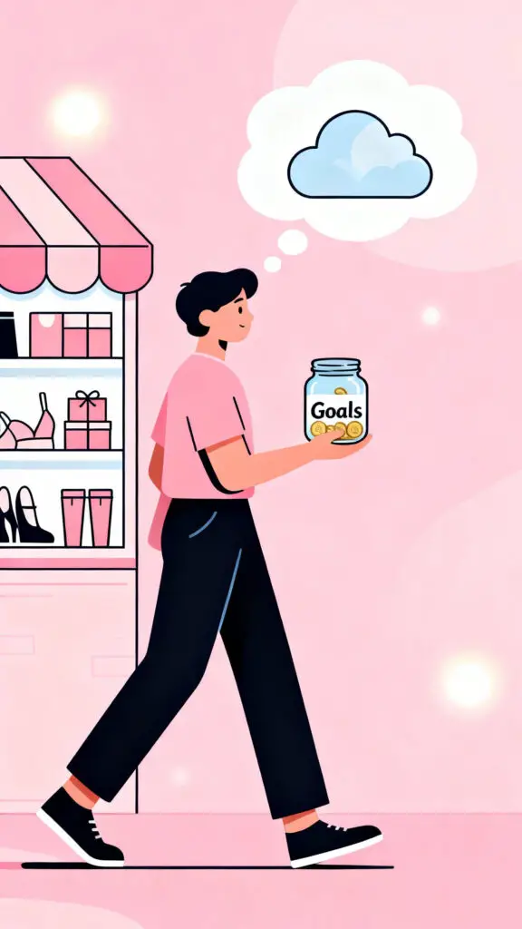Illustration representing delayed gratification and choosing long-term financial stability over impulse spending, on a pastel pink background.