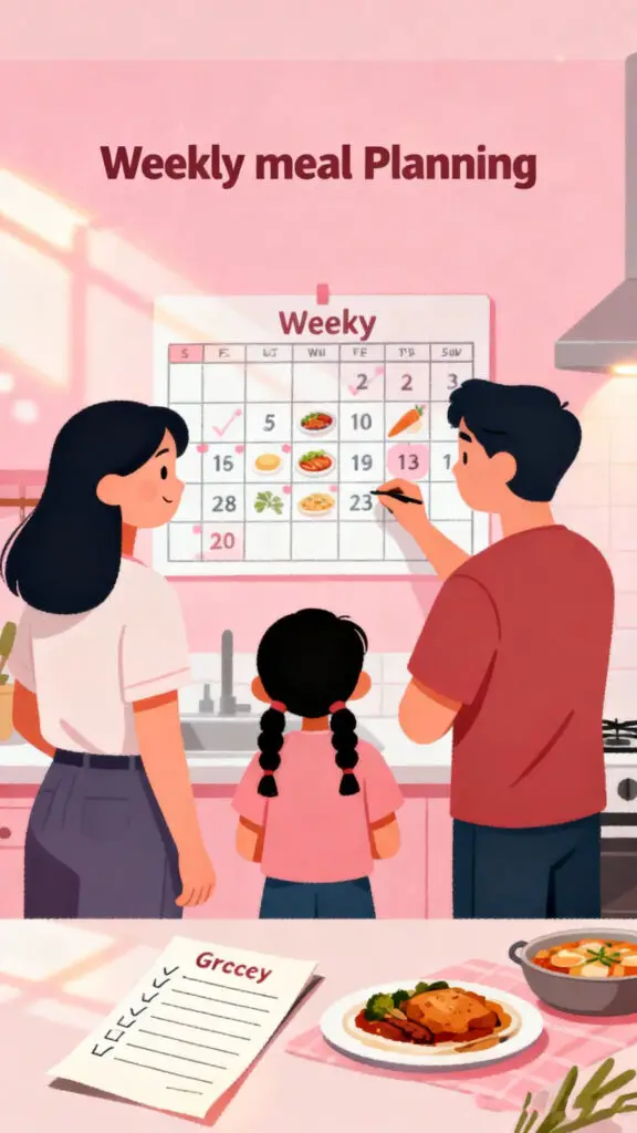 Illustration showing a family planning weekly meals together to save money and reduce food waste, on a pastel pink background.